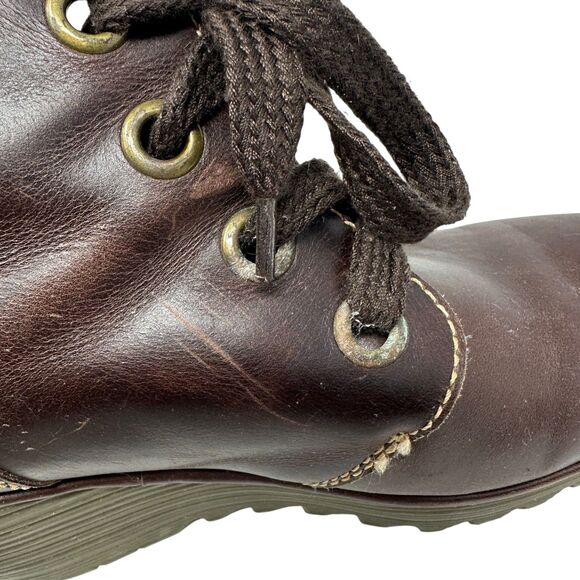 Fly London Dark Brown Leather Lace Up Yip Ruched Ankle Wedge Boots Size 39 -8/5 - Picture 4 of 8